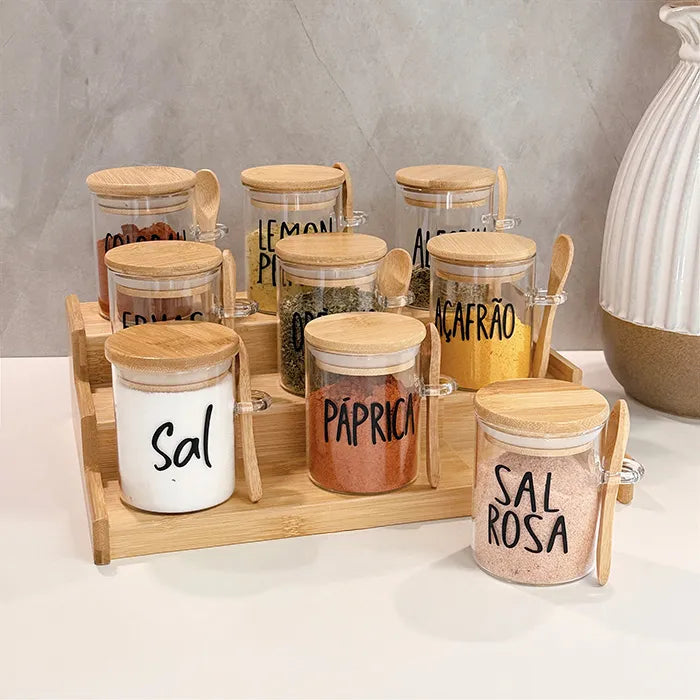 Kit 9 Potes Herméticos de Temperos + Tampa de Bambu